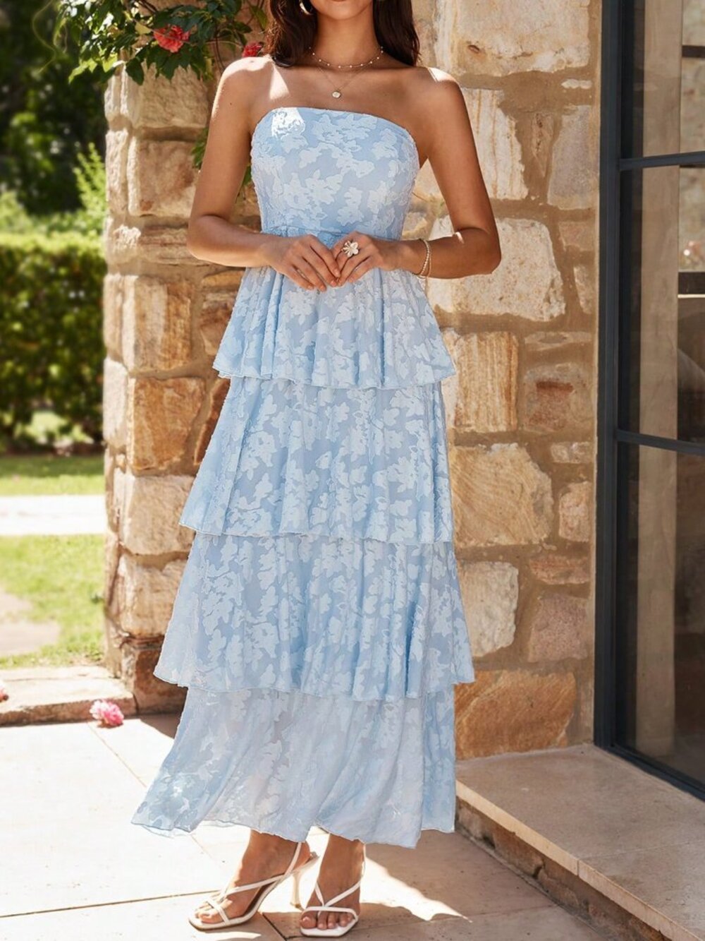 Baby Blue Elegant Women's Floral Strapless Maxi Dress with Tiered Ruffle - Picture 4 of 8